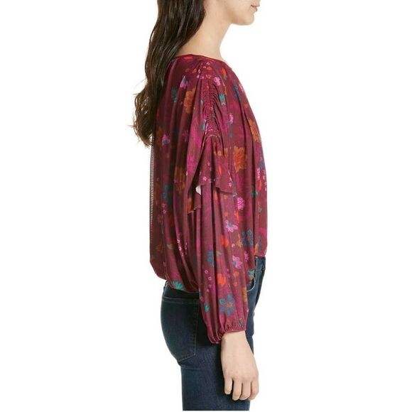 Free People Wildflower Honey Floral Stretch Mesh Blouson Ruffle Top S - Picture 5 of 13